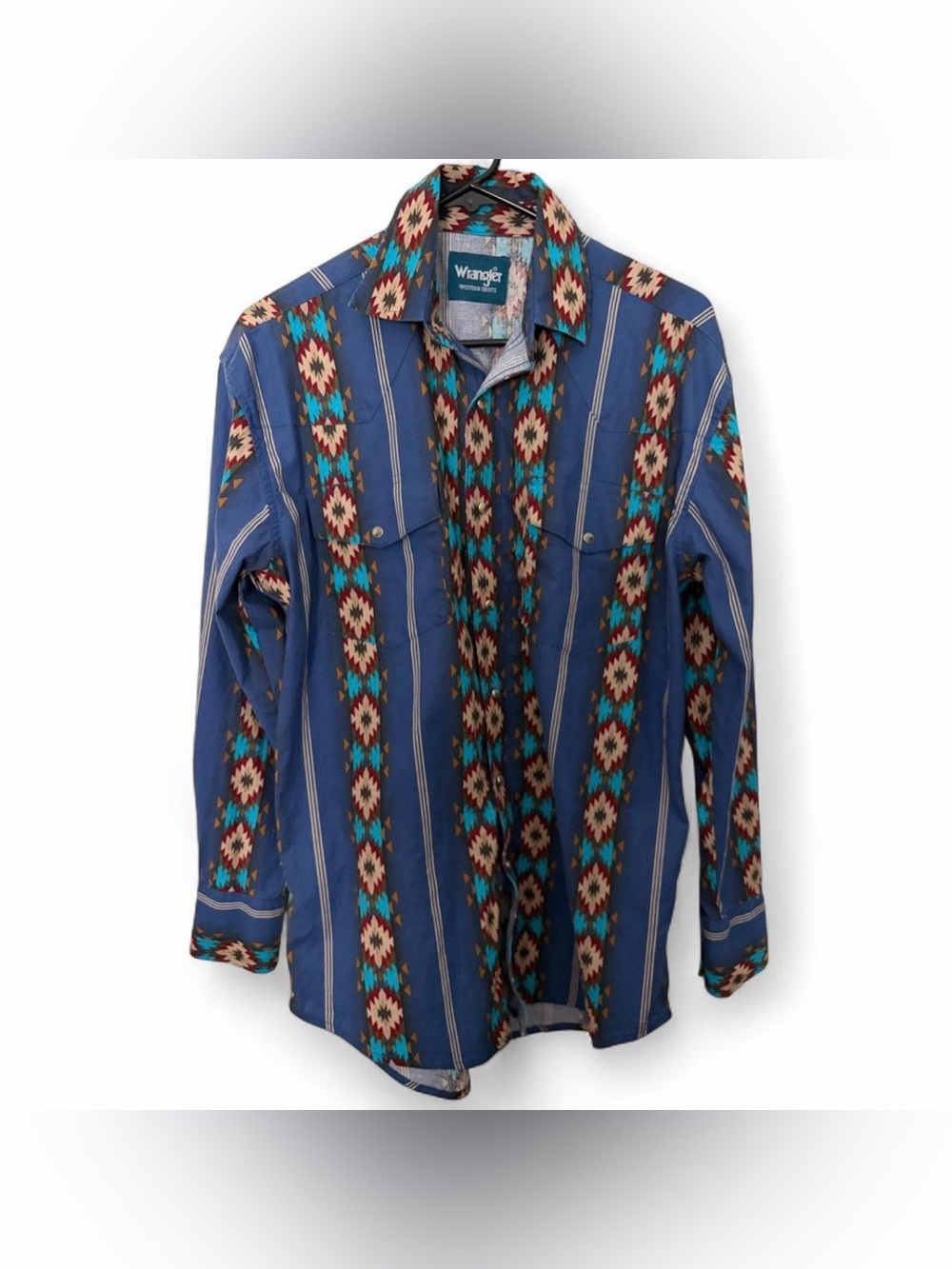 Vintage Wrangler Brushpopper Shirt Men Purple Aztec Cowboy Western Pearl Snap M